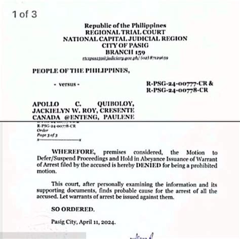 Pasig City RTC orders arrest of Quiboloy, 5 co.